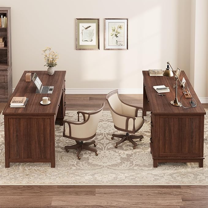 IDEALHOUSE Rustic Wood Double Desk with Built-in Charging Station &amp 4 File Drawers Spacious 2-Person Writing Table for Home Office Heavy-Duty Dual Workstation for Study &amp Work Brown