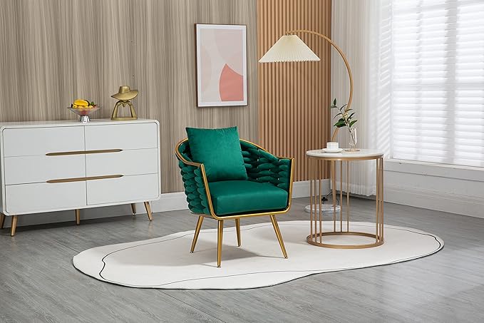 Generic Velvet Accent Chair Modern Upholstered Armchair Tufted Chair with Metal Frame Single Leisure Chairs for Living Room Bedroom Office Balcony Emerald