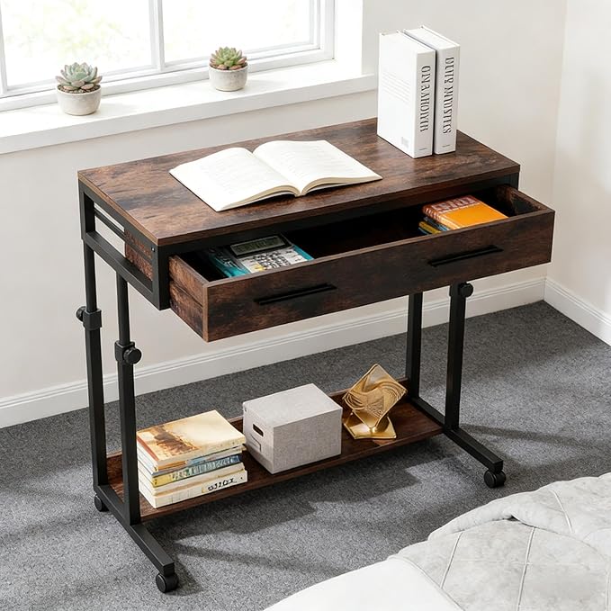 Height Adjustable Rolling Office Table with Storage Drawer - Compact Mobile Desk for Home Office Small Spaces and Bedside Use Sturdy Space-Saving Design