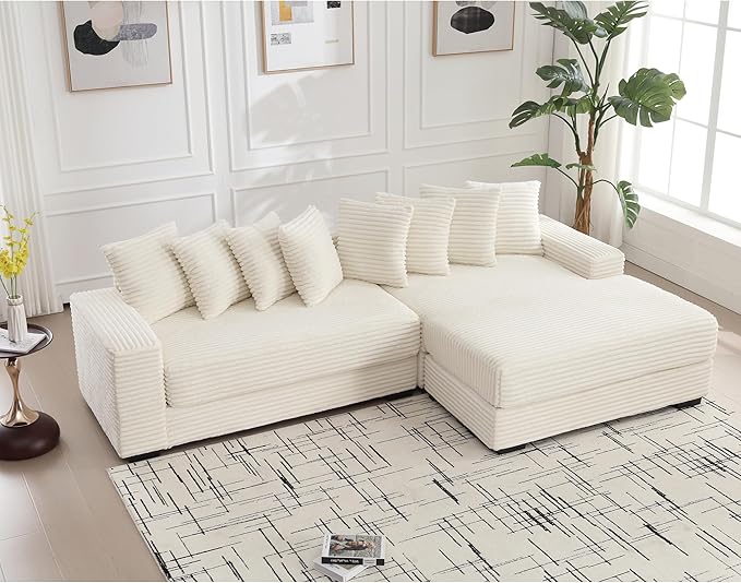 KEIKI 111 L-Shaped Oversized Corduroy Modular Sectional Sofa with Right Chaise Lounge and 8 Throw Pillows 3-Seater Corner Couch with Padded Armrests Easy Assembly for Living Room Beige