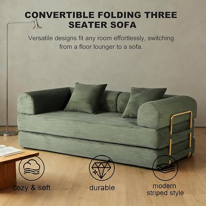 Foldable Sofa Bed 75 Inch Boneless Couch Convertible Memory Foam Sleeper Sofabed Floor Mattress with 2 Pillows Microfiber Cloud Sofa for Living Room Apartment No Assembly (Green)