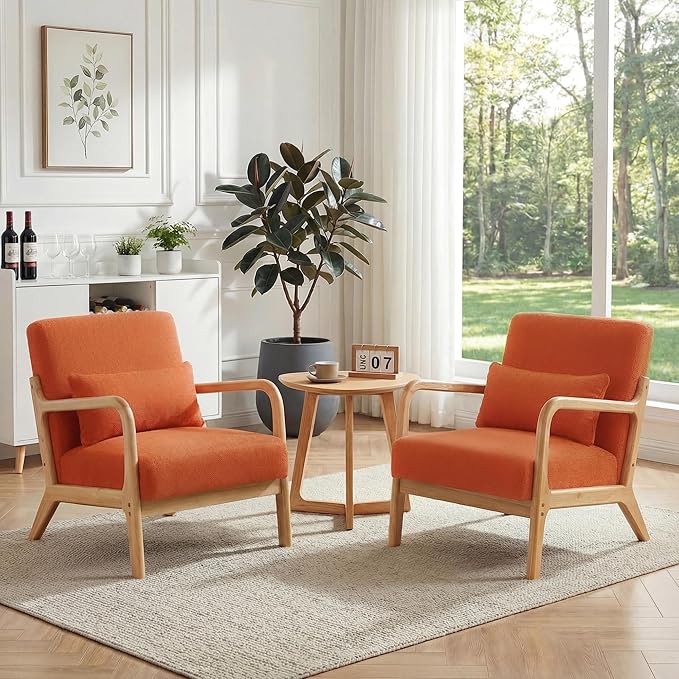 Mid Century Accent Chair Comfy Arm Chair with Solid Wood Frame Upholstered Modern Chair for Living Room Bedroom Waiting Room Orange