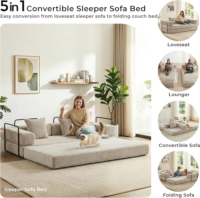 WELAX 77 Convertible Sleeper Sofa Bed Boneless Cloud Queen Futon Couches with 2 Pillows &amp Removable Armrests Corduroy Folding Floor Couch No Assembly for Bedroom Living Room Light Grey