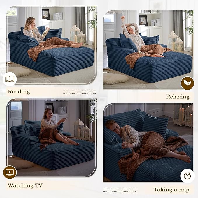 67 Inch Oversized Chaise Lounge Chair IndoorBoneless Corduroy Sofa Bed with Spring CushionDeep Seat Cloud Couch and Reading LoungerSoft Sleeper Sofa for Living RoomNo Assembly Required (Blue)