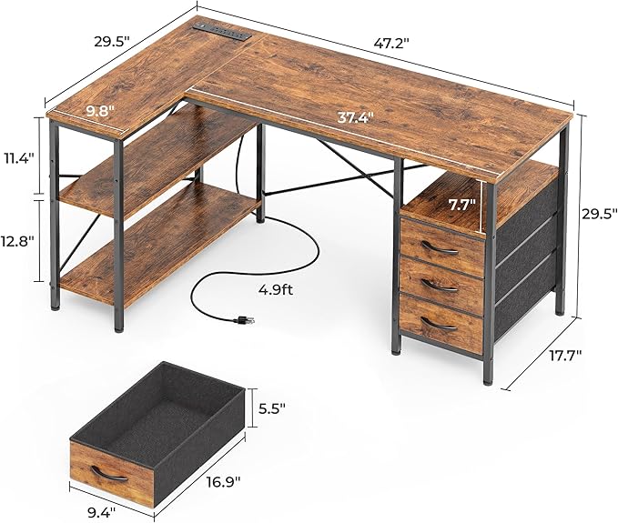 Huuger L Shaped Office Desk with Power Outlets 47 Inch Computer Desk with 3 Drawers Shelves for Gaming Corner Work Home Office Study Rustic Brown