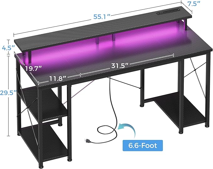 ODK 55 Inches Gaming Desk with LED Lights Computer Desk with Monitor Stand Pc Table with CPU Stand Carbon Fiber Black
