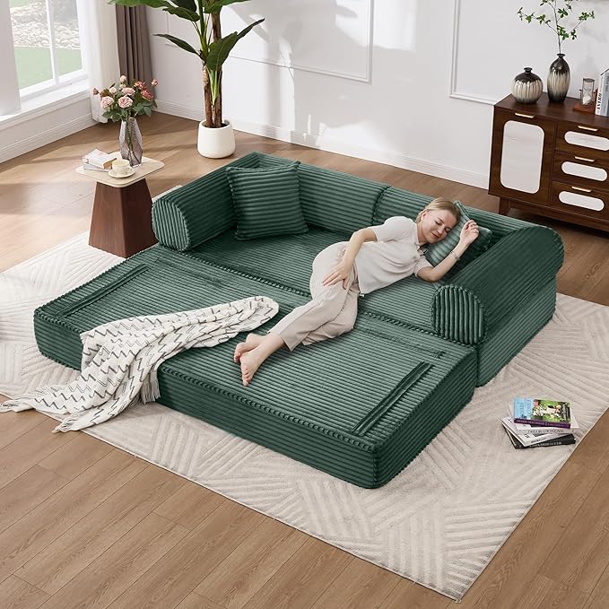 Tbfit 79'' Convertible Sofa Bed Oversized Corduroy Folding Boneless Couch Futon Mattress Sleeper Sofa Comfy Foldable Upholstered Floor Couches for Living Room Dark Green