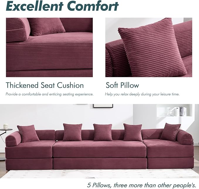 10-in-1 Folding Convertible Sofa Bed 141 Inch Boneless Couch with Fixed-Shape Frame Corduroy Modular Sectional Sofa Mattress Sleeper Sofa Floor Sofa Futon Couch for Living Room (Wine Red)