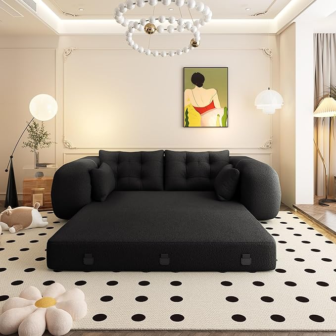 78.7 Convertible Sofa Bed 3-in-1 Folding Floor Couch with 4 Pillows Sleeper Sofa for Living Room and Guest Bed No Assembly Required (Black Teddy Fabric)