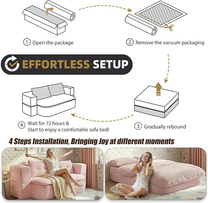 78.7-inch Folding futon Sofa BedConvertible Sleeper Couch BedComfy Memory Sponge Double Sofa Mattress for Living Room(Pink+Blanket) | No Assembly Boneless Skin-Friendly Corduroy breathable mater
