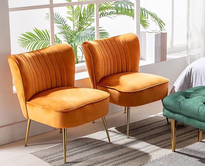 Orange Velvet Accent Chairs Set of 2 with Golden Legs Upholstered Side Chairs Mid-Century Modern Slipper Chairs for Guest Room Comfy Armless Wingback Corner Single Sofa Living Room Chairs