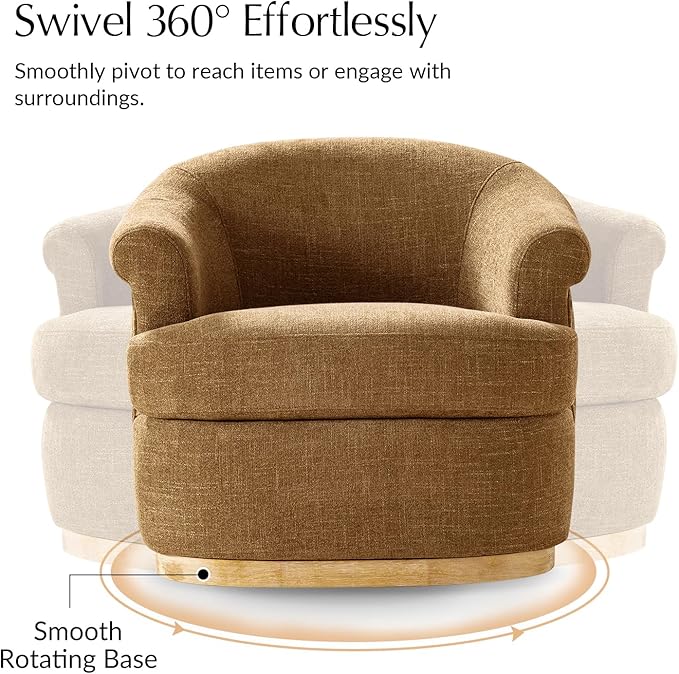 HULALA HOME Swivel Barrel Chair with Rolled Arms Upholstered Fabric Swivel Round Armchair with Removable Cushion Solid Wood Base for Living Room Bedroom Camel