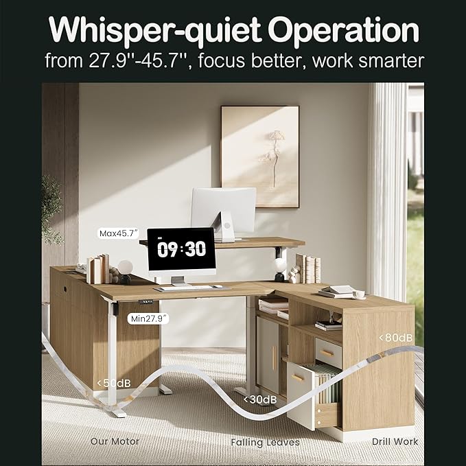 Home Office Furniture Set 114 Standing Desk with 2 File Cabinets AC/USB Extra Long Double Desk for 2 Person Electric Height Adjustable for Home and Office Light Walnut