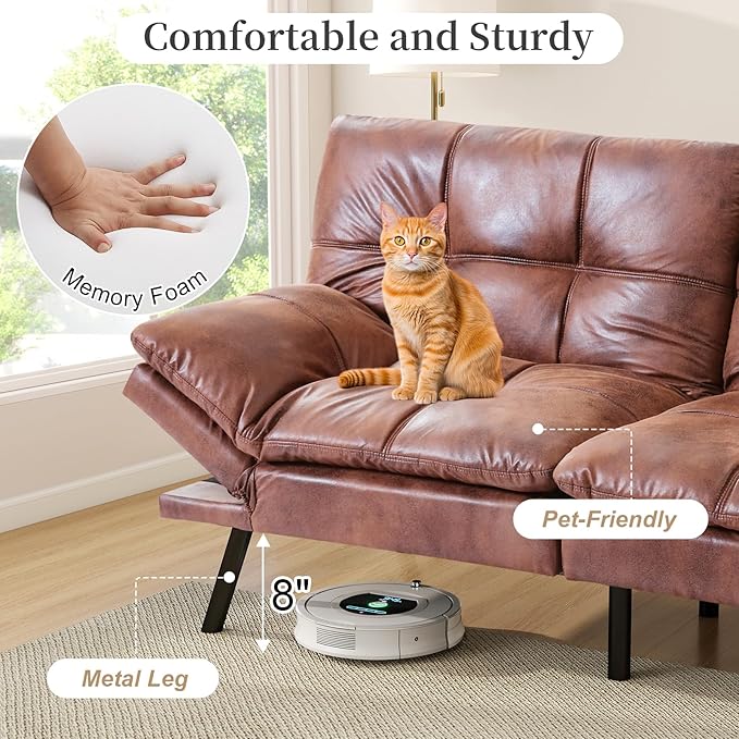 Opoiar Faux Leather Sleeper SofaMemory Foam Futon Sofa BedFoldable Couch SleeperCompact Sofa Padded with Metal Legs Modern Convertible Loveseat Sofa for Living RoomApartmentStudioBrown