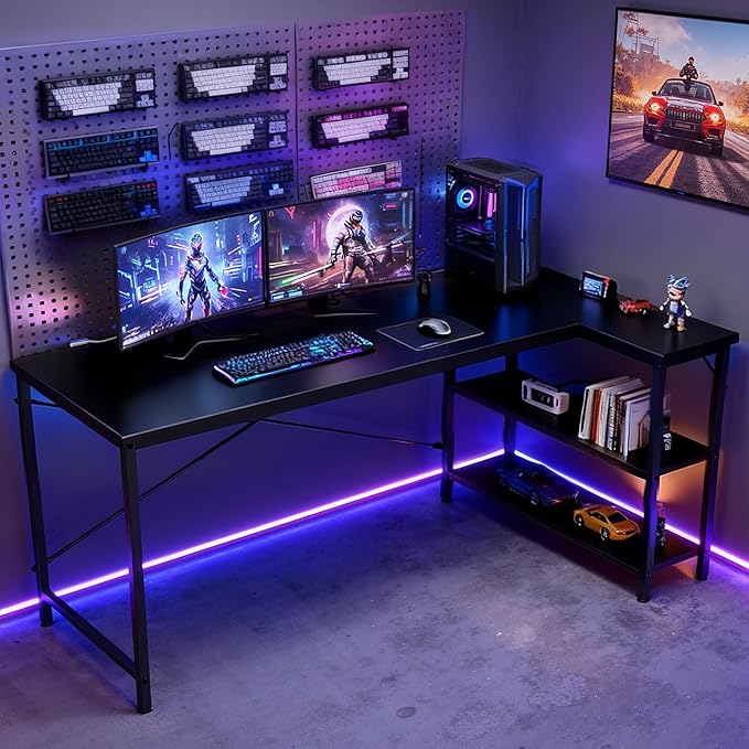 DUMOS L Shaped Desk 47 Inch Computer Desk Gaming Furniture Corner Desks Home Office PC Table with Reversible Storage Shelves for Writing Working Study Bedroom Dorm Black