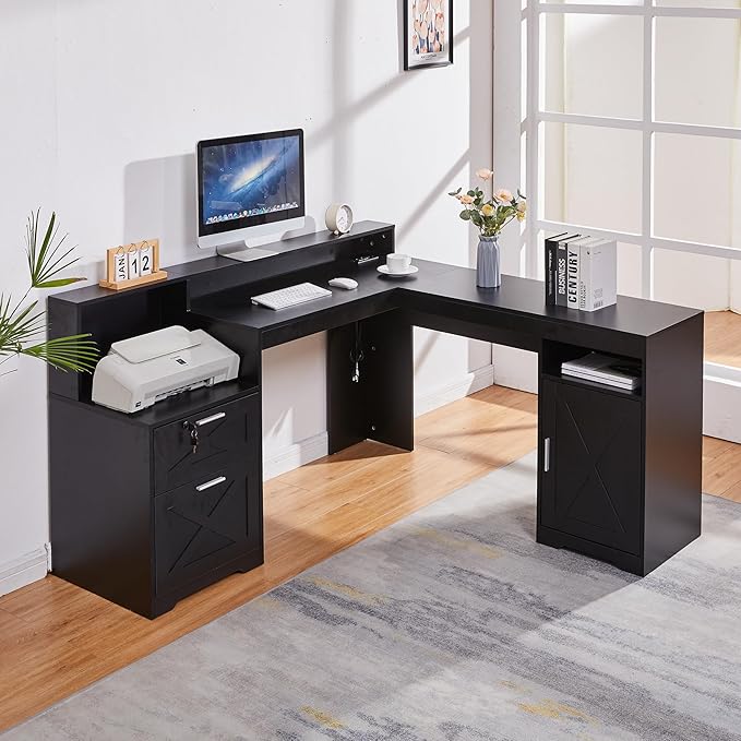 60 L Shaped Executive Desk with Printer SpaceCorner Computer Desk with Power OutletsLockable Drawers &amp Adjustable File CabnetL Shaped Office Desk with Monitor Stand (Black)
