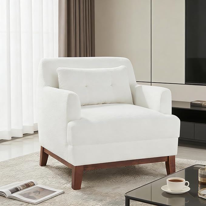 VANOMi Comfy Accent Chair Terry Oversized Lounge Chair with Cushion Mid-Century Modern Living Room Chairs Comfy Chair for Bedroom Apartment White