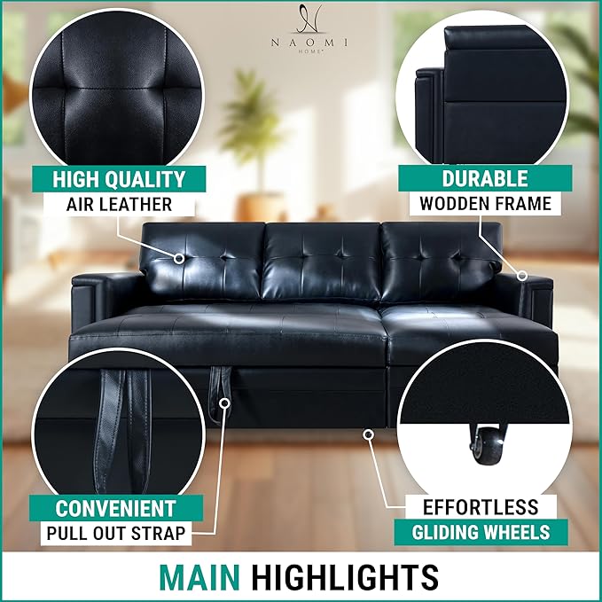 Naomi Home L-Shaped Sectional Sleeper Sofa with USB Ports - Convertible Pull-Out Bed Ample Storage Timeless Design Durable Construction Black/Air Leather