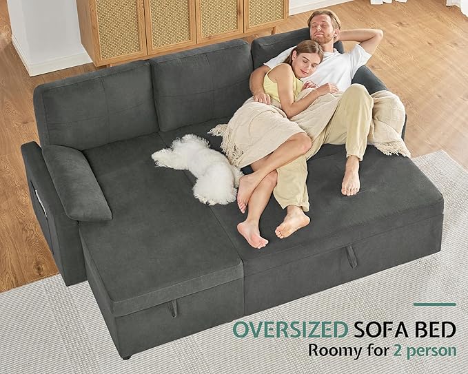 Jocisland Sofa Bed L Shaped Sleeper Sofa with Storage Chaise Pull Out Sofa for Living Room Guest Room Apartment Grey Linen Couch
