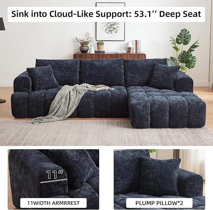 110 Inch Cloud Sectional CouchModern Upholstered Sofa with Deep SeatChenille Boneless Couches with L-Shape ChaiseSponge Compressed Couches for Living Room (Dark Blue Right Facing Chaise)