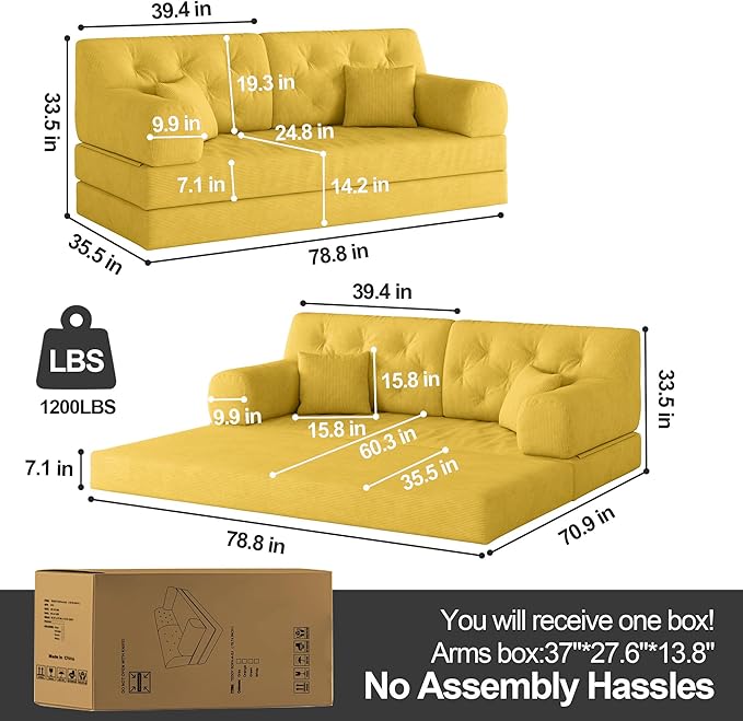 79 Convertible Sofa Bed with Pillows Corduroy Folding Sleeper Sofa with Fixed-Shape Frame Boneless Couch for Living Room Bedroom Floor Sofa Lounge No Assembly Required (C - Style - Yellow)