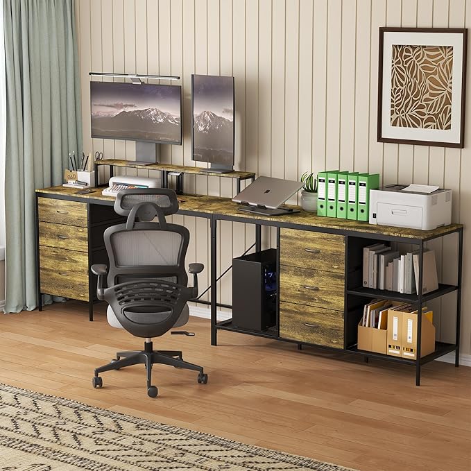 114 L-Shaped Desk with Power Hub 6 Drawers Removable Monitor Stand Industrial Gaming Desk Rustic Brown Home Office