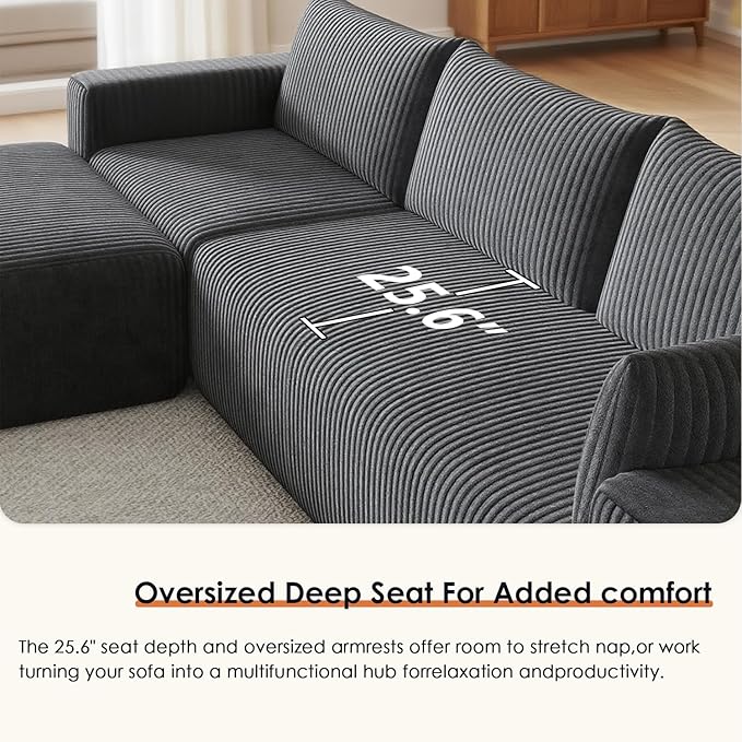 146 Oversized Boneless Couch Modular Sectional Couches for Living Room U-Shaped Deep Seat Chaise with Side Pockets No Assembly Required Plush Corduroy Fabric Sleeper Sofa Dark Gray