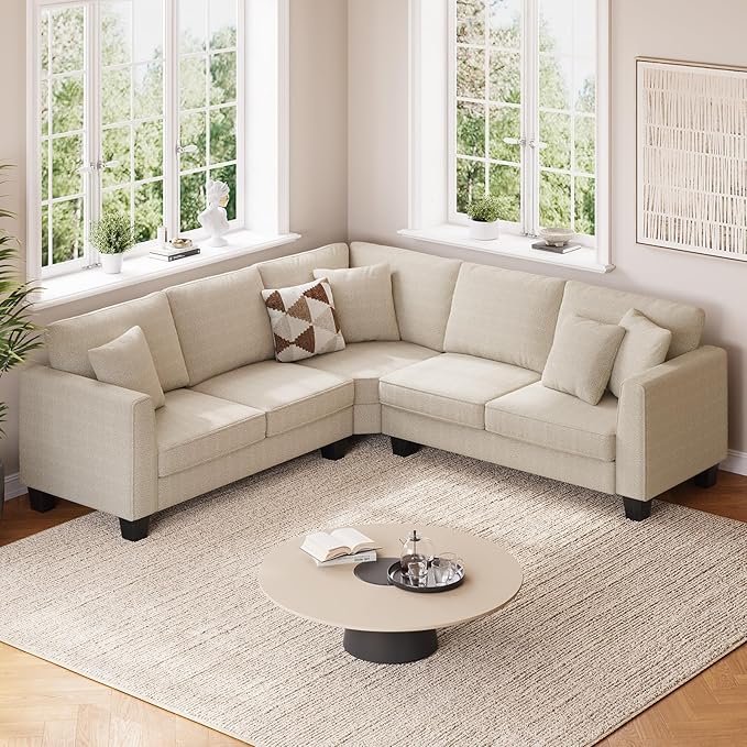 ONBRILL L Shaped Couch Small Corner Sectional Sofa for Living Room Comfy Chenille L Shape Sofa with 3 Throw Pillows Easy Assembly Convertible Sectional Sofa Couches for Apartment Beige