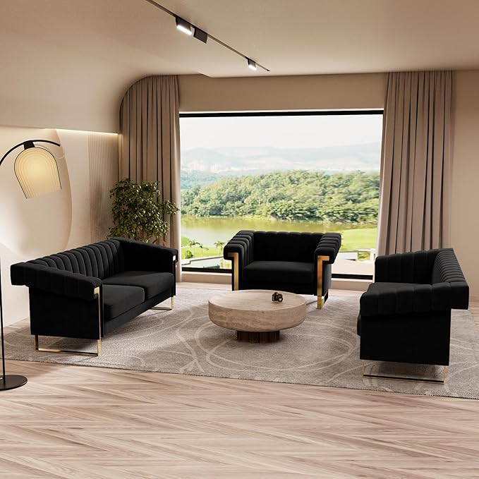 Mid-Century Modern Black Velvet Single Sofa with Gold Metal Legs 49 Luxury Chesterfield Comfy Black Sofa Chair for Living Room (Black-1 Seater)