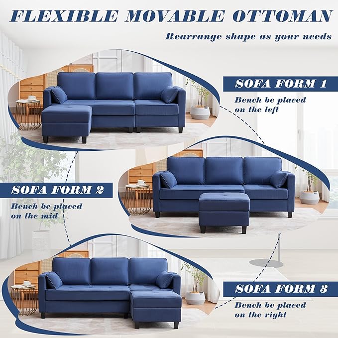 MAGIC UNION Convertible Sectional Couches for Living Room - Small Space Couches L-Shaped Sofa Upholstered 3 Seats Sofas W/Storage Chaise USB Ports Side Pockets and Pillows (Corduroy Fabric Blue)