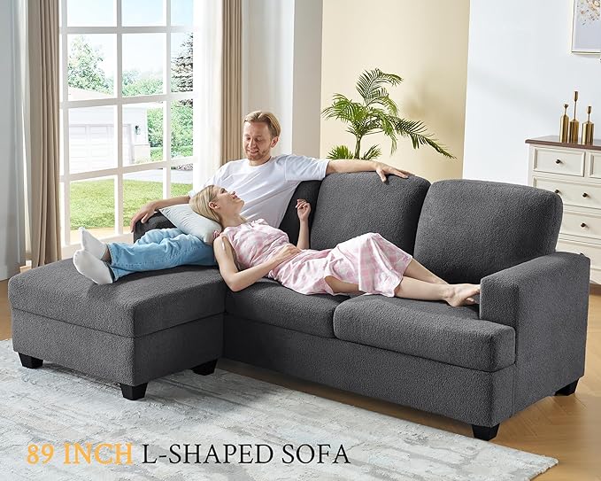 VanAcc 89 Inch Convertible L Shape Couch Reversible Sofa Couch with Storage Comfy Couches with Chaise for Living Room Grey Bouclé