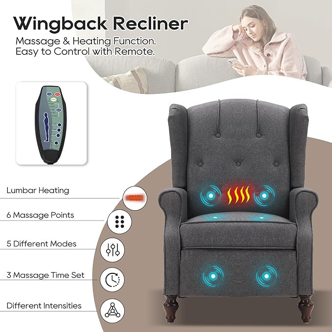 Wingback Recliner Chair with Massage and Heat Tufted Fabric Push Back Recliner Chair for Living Room Vintage Wingback Chair with Remote Control Padded Cushion Backrest Wooden Legs