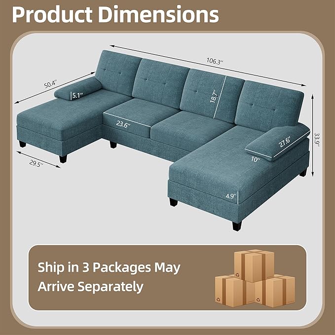 Walsunny Sectional Couches for Living Room Convertible U-Shaped Sofa Couch with Double Chaise 4 Seat Sofa Set Modular Sectional Sofa for Living Room Apartment Bedroom New Blue