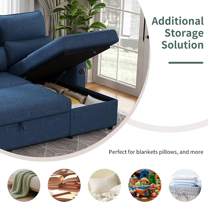 Sectional Sleeper Sofa with Pull Out Couch Bed with Storage Chaise for Living Room Comfy Linen Modular Sectional Sofa with Dual USB &amp Type-C Cup Holders (Blue 105 Inches)