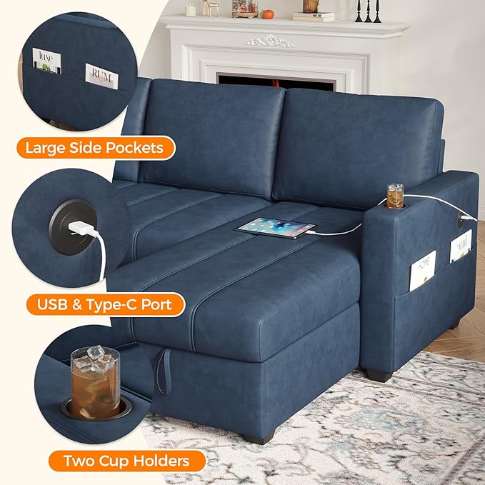 Fadware 89” L Shape Sofa Sleeper Sectional Sofa Bed with Hidden Storage&amp Side Pocket Anti-scratch Faux Leather Couch Bed with ChargePort&amp CupHolder Modern Piano Design Pull Out Couch for Li