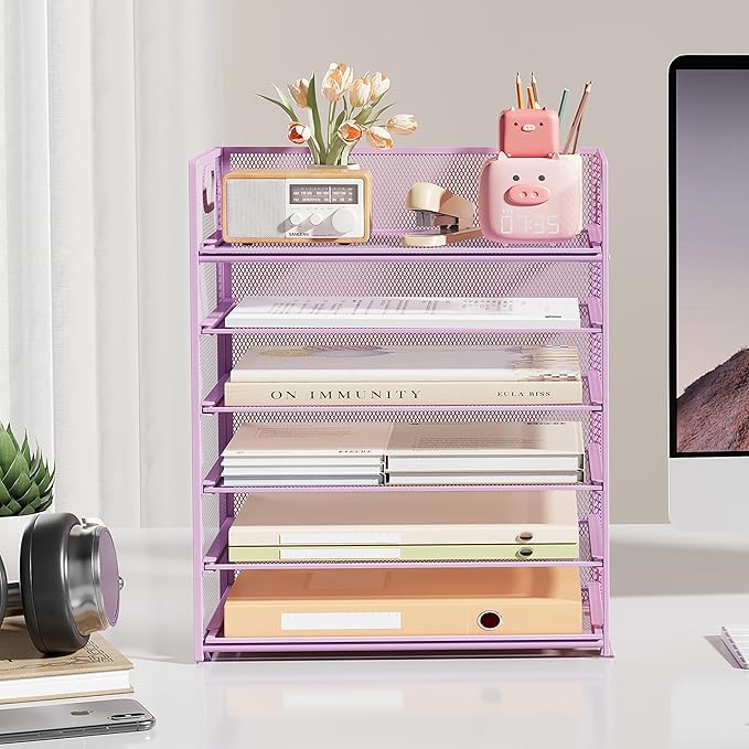 Subekyu 6-Tier Desk Paper Organizer Desktop File Letter Tray with Handle Document Sorter and Accessories Holder for Office Home and School Workspace Organizers Purple-2 Pack