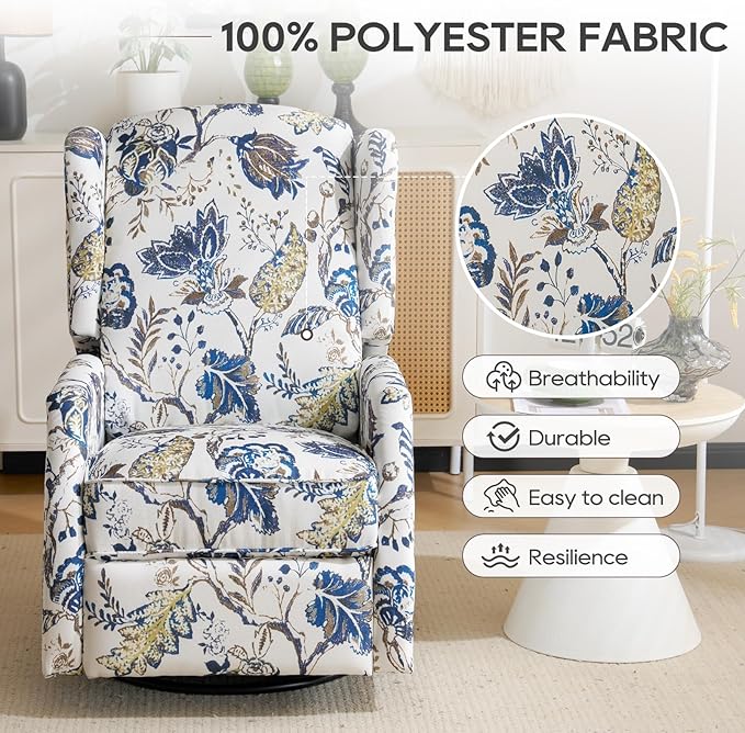 Swivel Rocker ReclinerWingback Recliner ChairFloral Accent Chair Fabric Chair with High BackPadded Seat for Living RoomBedroom Home Office (Blue)