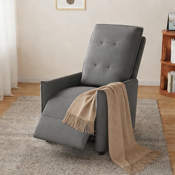 Manual Recliner Chair for Adult Velvet Reclining Chair with Chunky Cushion for Small Space Comfortable Reclining Sofa for Living Room Bedroom Home Theater Easy Assembly (Dark Gray)
