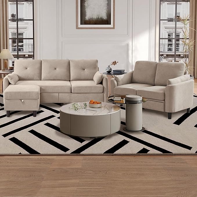2 Piece Sofa Set Modern 3 Seater Sofa and Loveseat Sets Convertible Sectional Couch with Reversible Chaise L Shaped Couch Sets for Living Room ApartmentBeige