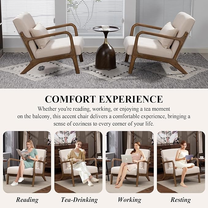 Minimalist Accent Chair Velvet Upholstered Mid-Century Modern Chair with Pillow Lounge Arm Chair with High Backrest Comfy Reading Chair for Living Room Balcony (White-Light Brown)