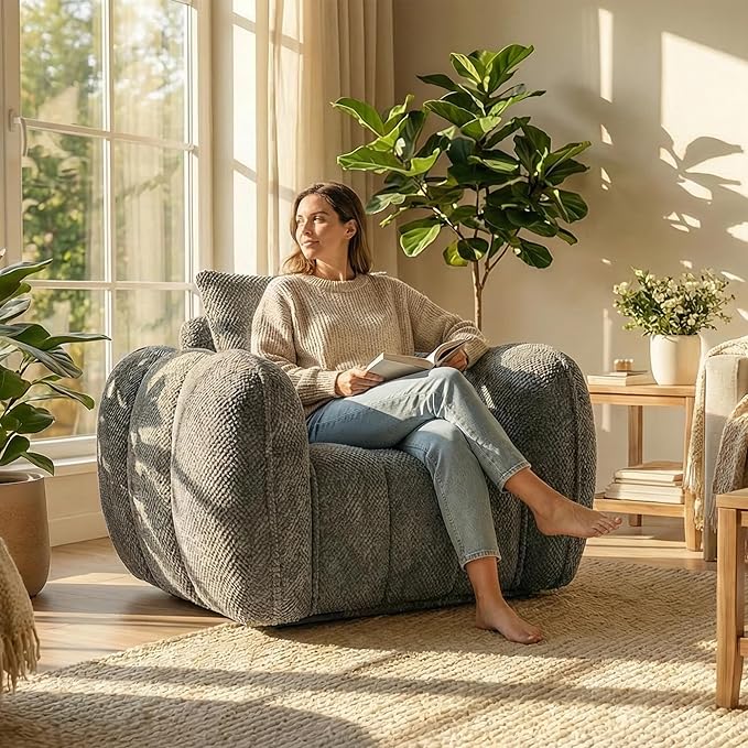 Furnimart Pumpkin Single Sofa Oversized Could Comfy Accent Chair Foam Boneless Chair Wide Seat Modern Small Couch for Living Room Bedroom Assemble Free(Gray)