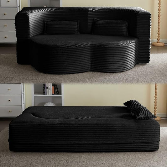 78” Corduroy Floor Sleeper Sofa Bed Modern 2 in 1 Full Size Foldable Mattress with 2 Pillows Convertible Boneless Couch with Deep Seat for Living Room No Assembly Required (Black) | No Assembly Req