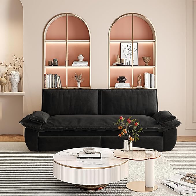 73.2 Queen Size Pull Out Sofa Bed 3-in-1 Convertible Sleeper Velvet Loveseat for Living Room Apartment Bedroom Small Spaces Black (Mattress &amp Bedding Not Included)