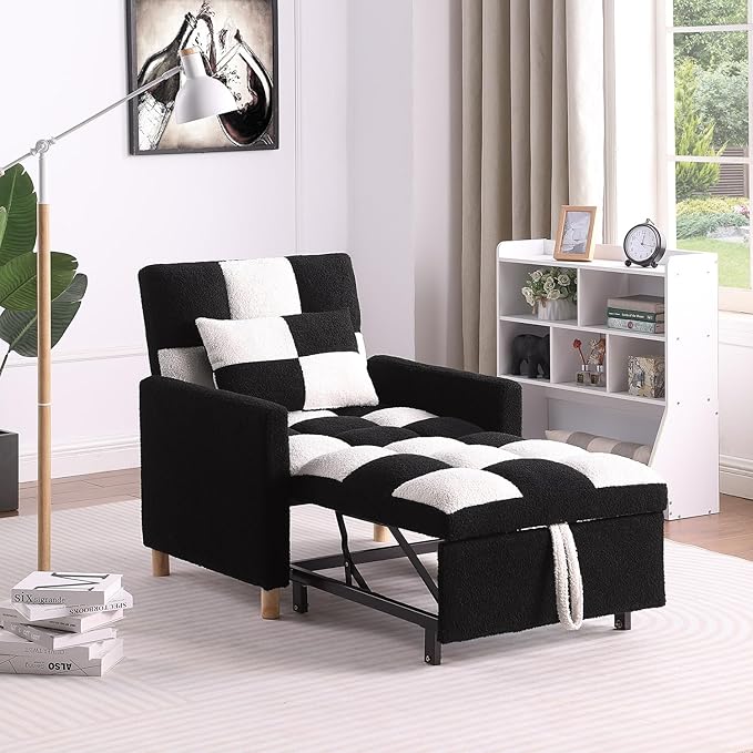 Sleeper Chair BedConvertible Single Sofa Chair Bed with PillowPull Out Sleeper Bed with Adjustable BackrestMulti-Functiona Lounge Chair with Teddy Fabric for Living Room(Black White)