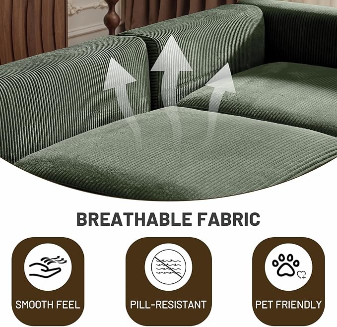 Karl home 112 Sectional Couch with Movable Ottoman Modern Corduroy Cloud Sofa Set with Deep Seat Convertible L-Shape Boneless Couch for Living Room Apartment Studio Green