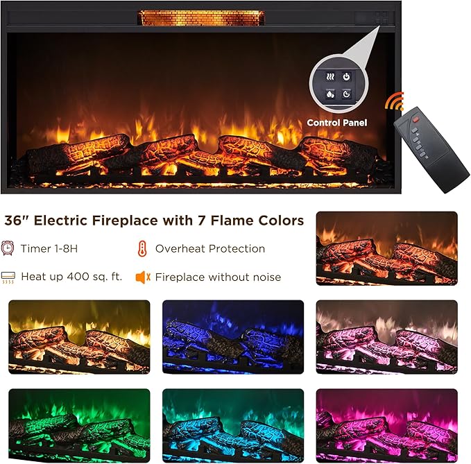 RedLemon Fireplace TV Stand for 80 Inch TV Mid Century Modern Entertainment Center with 36 Electric Fireplace &amp Led Lights Wood Media Console w/Slatted Sliding Doors for Living Room Natural Oa