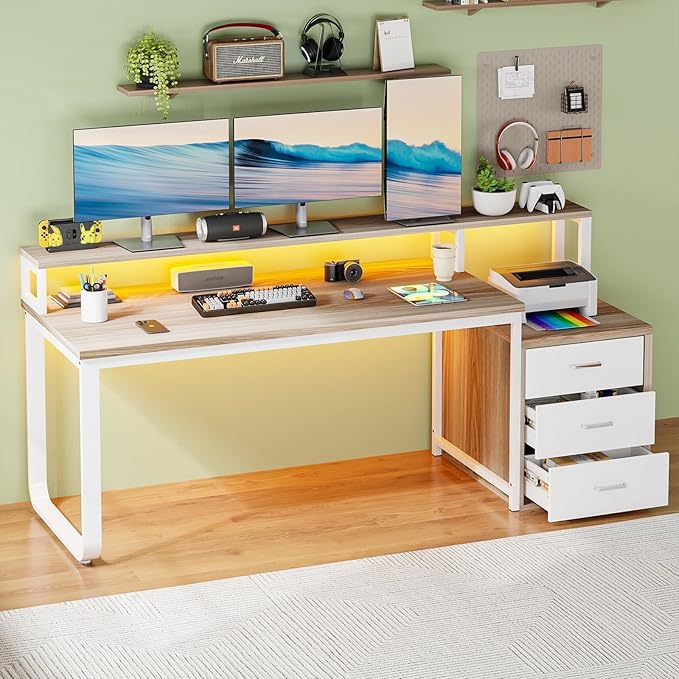 HOMBCK 67 Computer Desk with 3 Drawers Home Office Desk with Long Monitor Stand and Printer Space Office Desk with Storage &amp LED Lights Writing Desk with Drawers Walnut and White