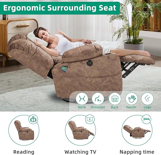 VIVIJASON Manual Swivel Rocking Glider Recliner Chair with Heat &amp Vibration Massage 360° Swivel Overstuffed Reclining Chair with 2 Cup Holders Side Pockets &amp USB Ports for Living Room Plush