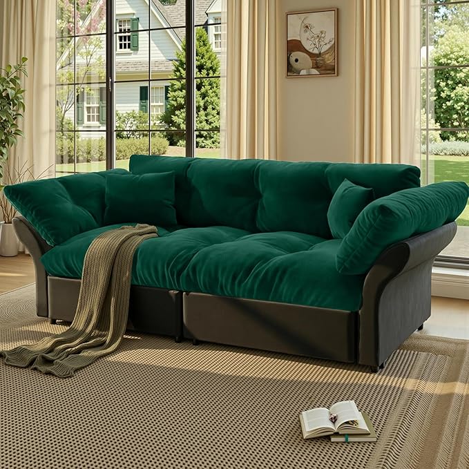 74.8 Queen Pull Out Couch BedVelvet Convertible Pull-Out Sofa Bed with Side Pockets3-in-1 Queen-Size Sleeper SofaSleeper Loveseat for Living RoomApartment Offices（Green）