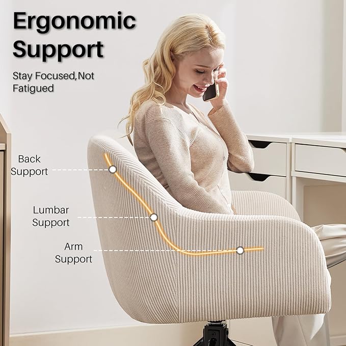Modern Office Desk Chair Swivel Accent Chair No Wheels Fabric Upholstered Arm Chair Ergonomic Swivel Vanity Chair with Mid Back Arm Chair for Living Room Bedroom Home Office Beige
